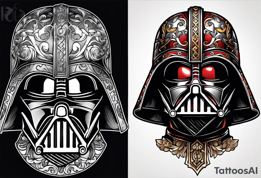Darth Vader helmet cut in half and other half skull in Roman gladiator style tattoo idea