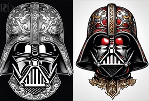 Darth Vader helmet cut in half and other half skull in Roman gladiator style tattoo idea