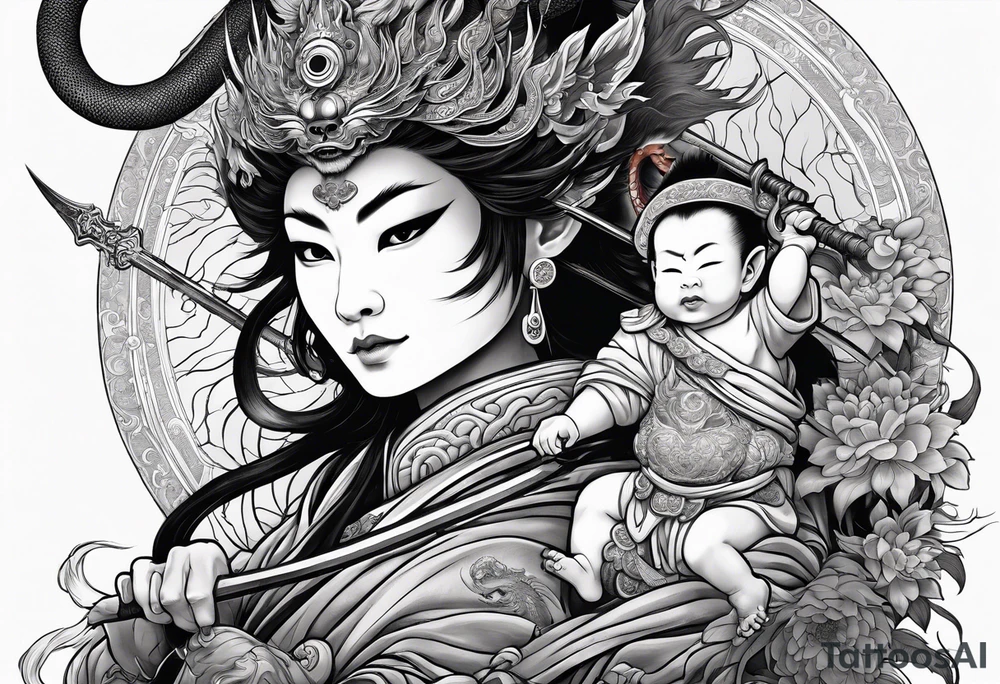 the monkey king with weapon, a japanese dragon, and
shrouded mother holding a baby tattoo idea