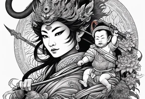 the monkey king with weapon, a japanese dragon, and
 shrouded mother holding a baby tattoo idea