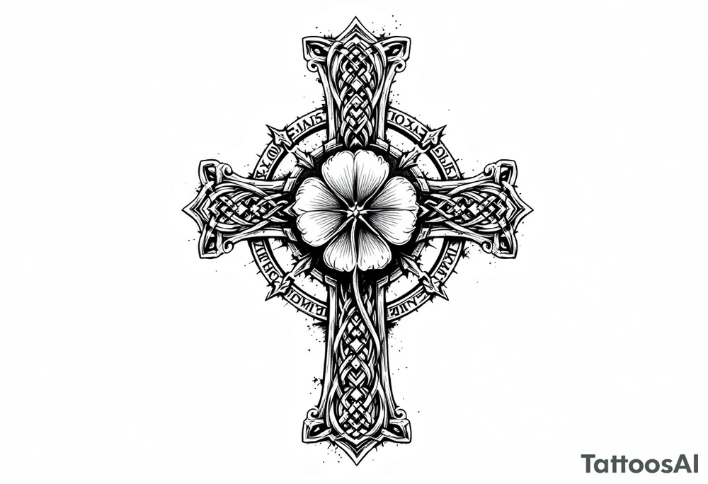 an irish inspired celtic cross with a four leaf clover in the middle surrounded by celtic knots and roman numerals tattoo idea