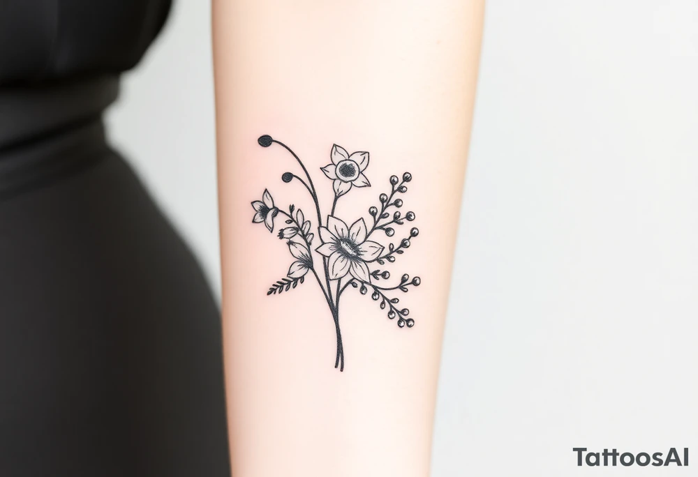 Bouquet of birth months flowers Lilly of the valley, daffodil, larkspur and Ilex aquifolium with berries tattoo idea