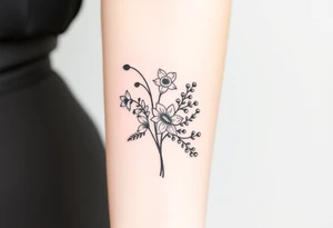 Bouquet of birth months flowers Lilly of the valley, daffodil, larkspur and Ilex aquifolium with berries tattoo idea