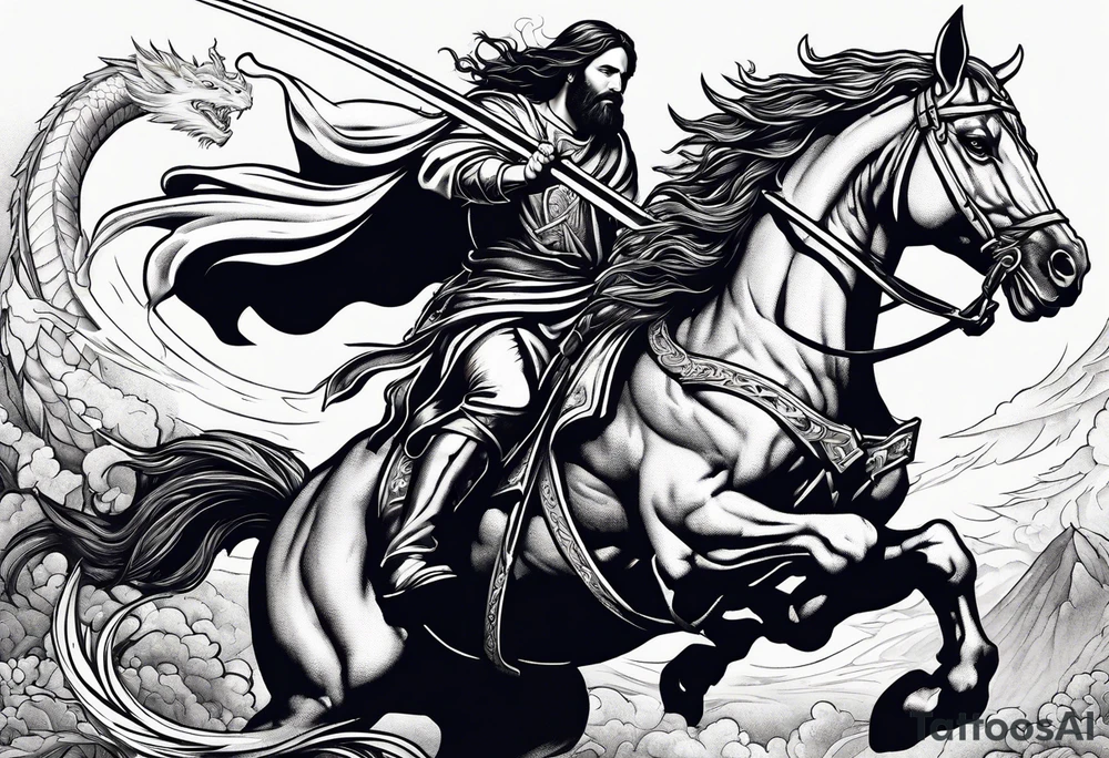 Jesus slaying a dragon with a sword while riding a horse tattoo idea