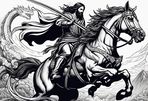 Jesus slaying a dragon with a sword while riding a horse tattoo idea