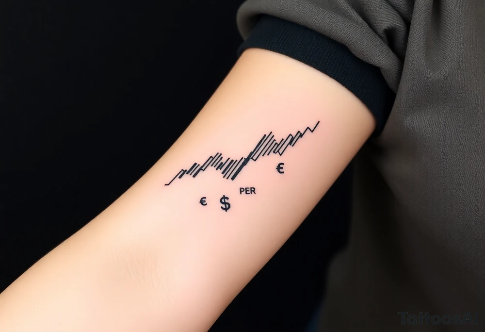 Create a unique tattoo design for a Forex trader. Include symbols of trading like a bullish candlestick chart, currency symbols (e.g., EUR, USD, GBP, JPY), and creative elements representing financial growth and strategy. The style should be minimalist black linework, modern and elegant, suitable for an arm or forearm tattoo.” tattoo idea