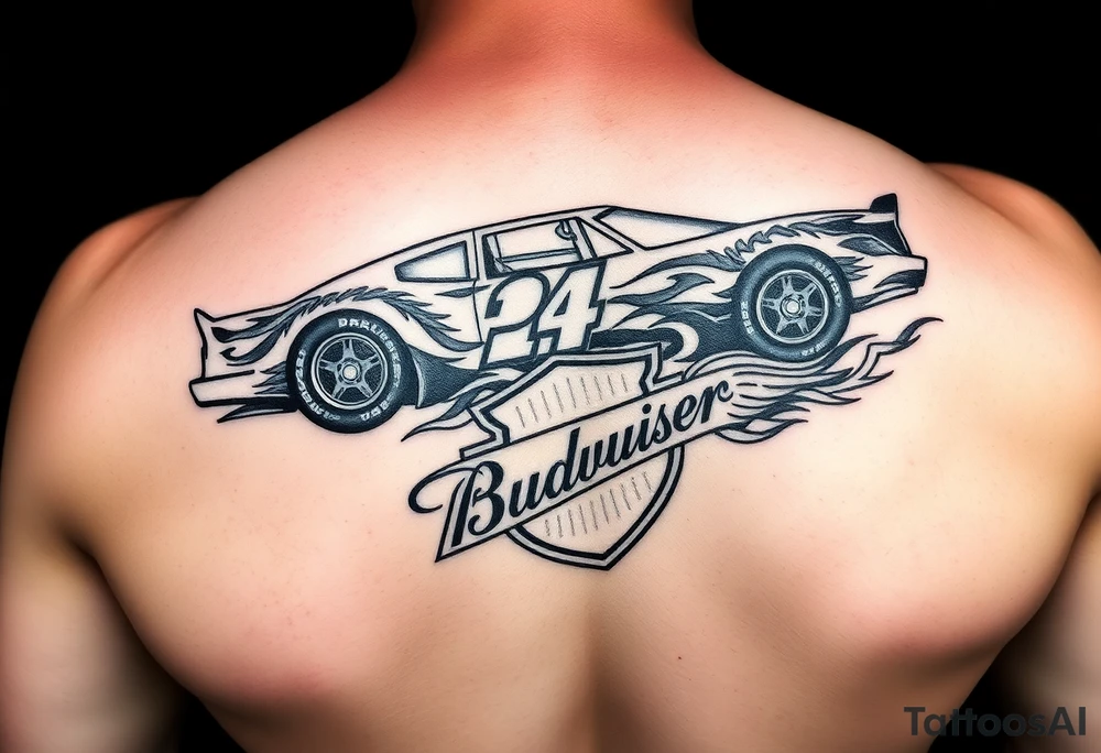 An arm tattoo with the original Dale Earnhardt car on it with the year 1958 to 2021 intertwined with a Harley-Davidson with a Budweiser logo on it tattoo idea