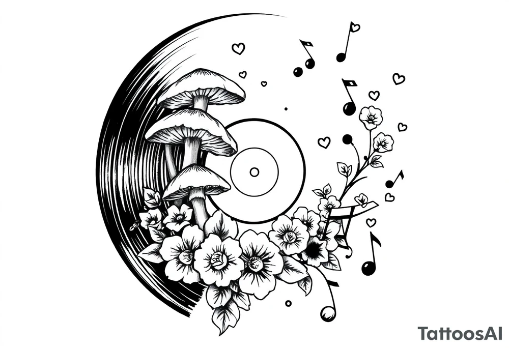 vinyl record with mushrooms, flowers, hearts, and music notes tattoo idea