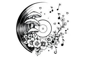 vinyl record with mushrooms, flowers, hearts, and music notes tattoo idea