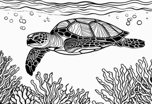 Sea turtle swimming through coral tattoo idea