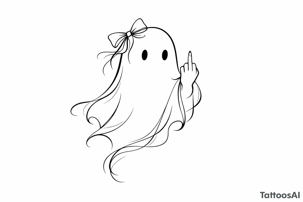 Abstract ghost outline, delicate bow, defiant middle finger. tattoo idea