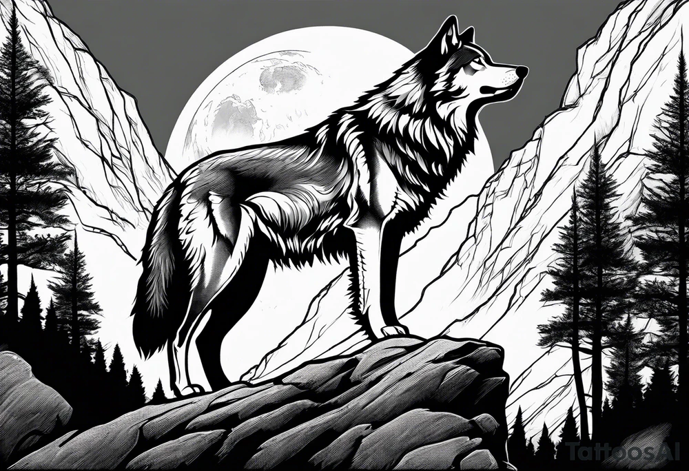 Wolf on top of a rock howling at the full moon, surrounded by trees tattoo idea