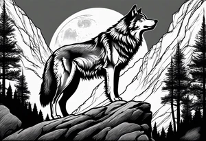 Wolf on top of a rock howling at the full moon, surrounded by trees tattoo idea