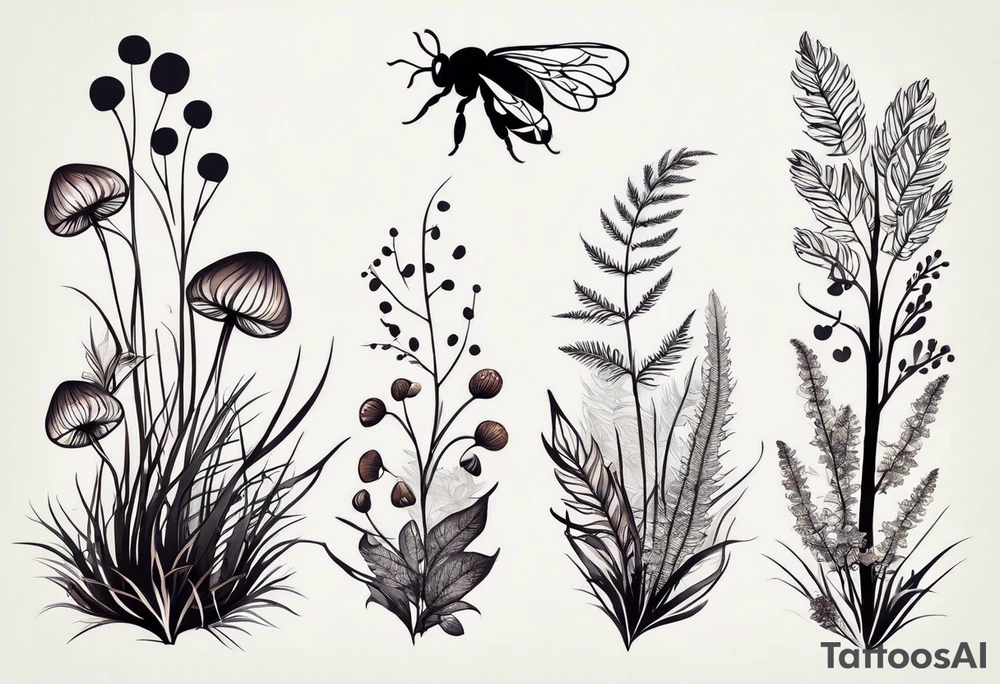 forest floor inspired minimalist tattoo, which includes grass, curly ferns, moss and dead leaves as the bulk of the tattoo. details to include: forest berries, a tiny bumblebee flying nearby, three small brown mushrooms
Generate a vertically long one tattoo idea
