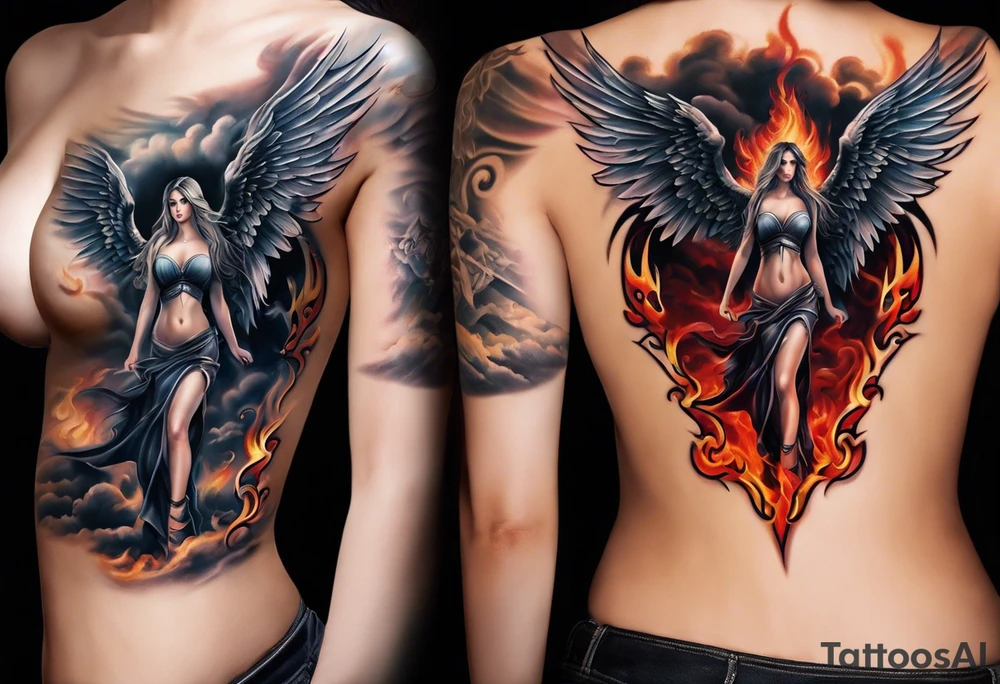 Chest tattoo design split down the middle with a beautiful girl as the centre piece. Angel/heaven side on the left with a staircase going up. Devil/hell side on the right with a staircase going down. Clouds on the angel side. Flames on the hell side. One angel wing & one devil wing as background features. tattoo idea