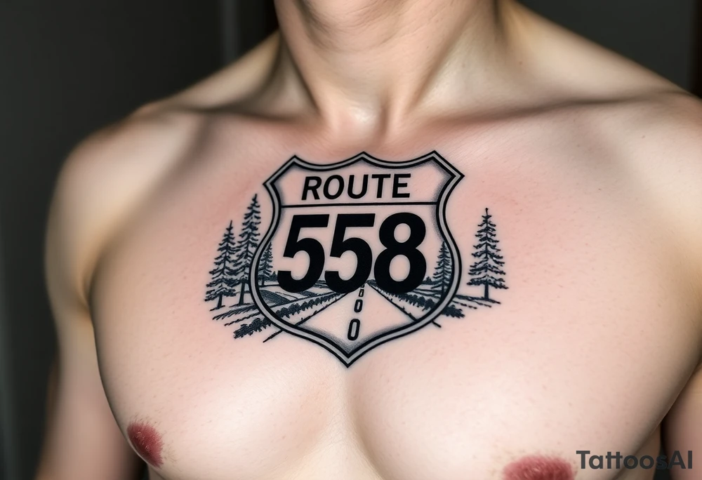 Arm sleeve small State Route sign 558, with trees all around and farm in background, road w/ view in English tattoo idea