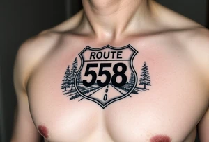 Arm sleeve small State Route sign 558, with trees all around and farm in background, road w/ view in English tattoo idea