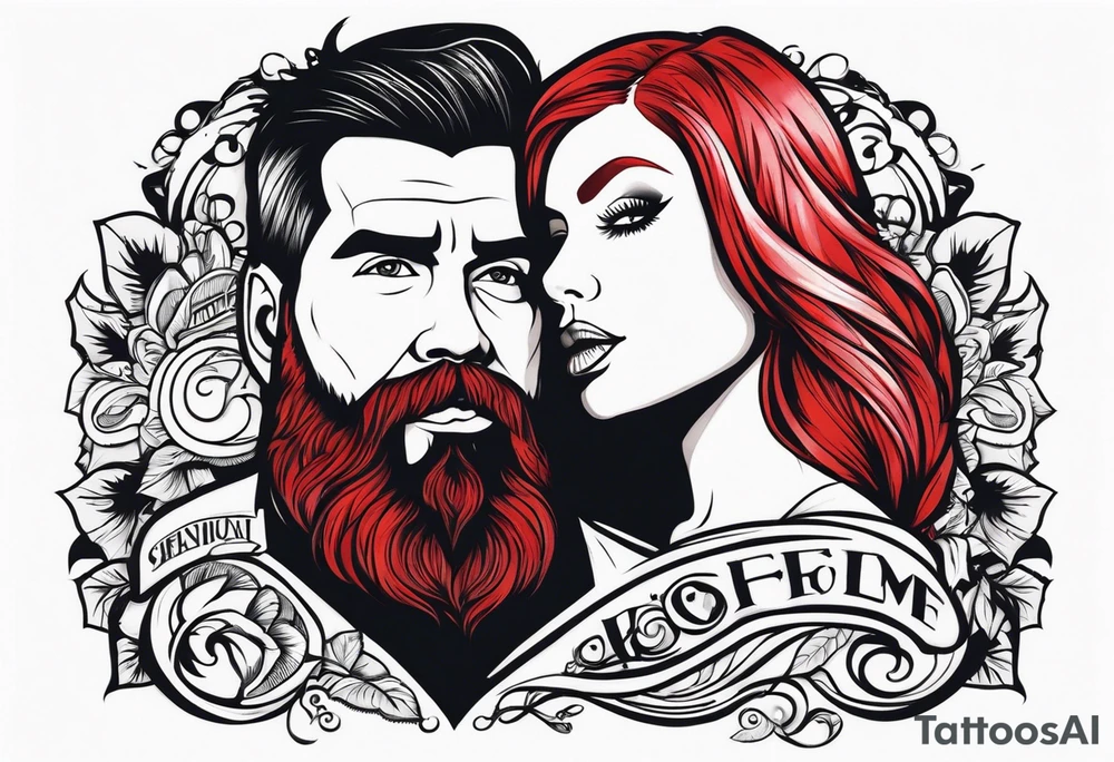 Busty red haired woman with a bearded man who has black hair tattoo idea