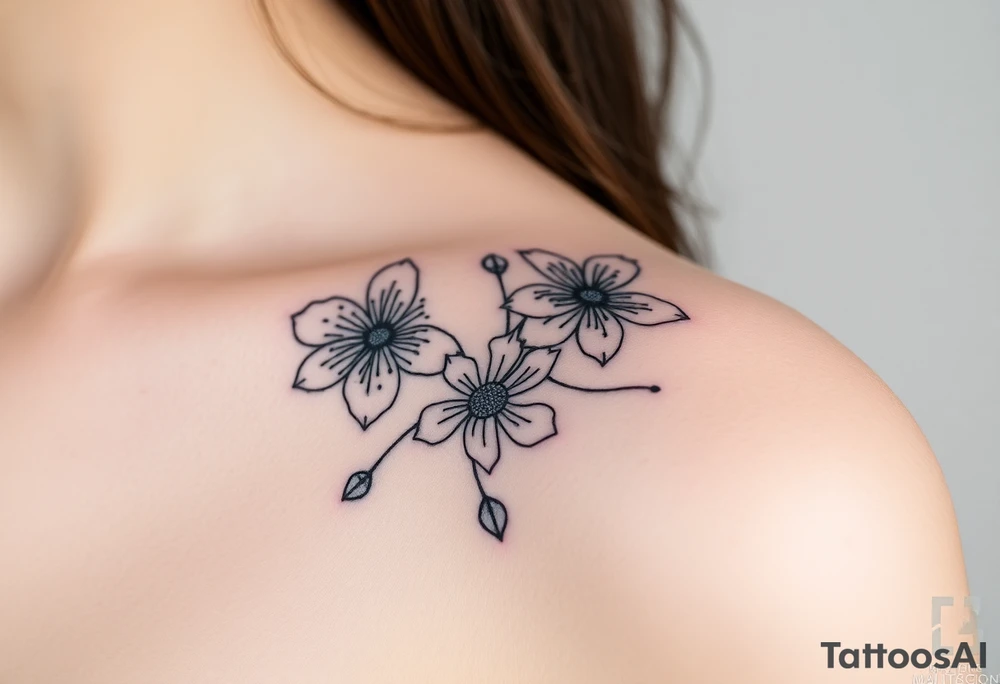 Feminine fine line flowers with geometric tattoo idea