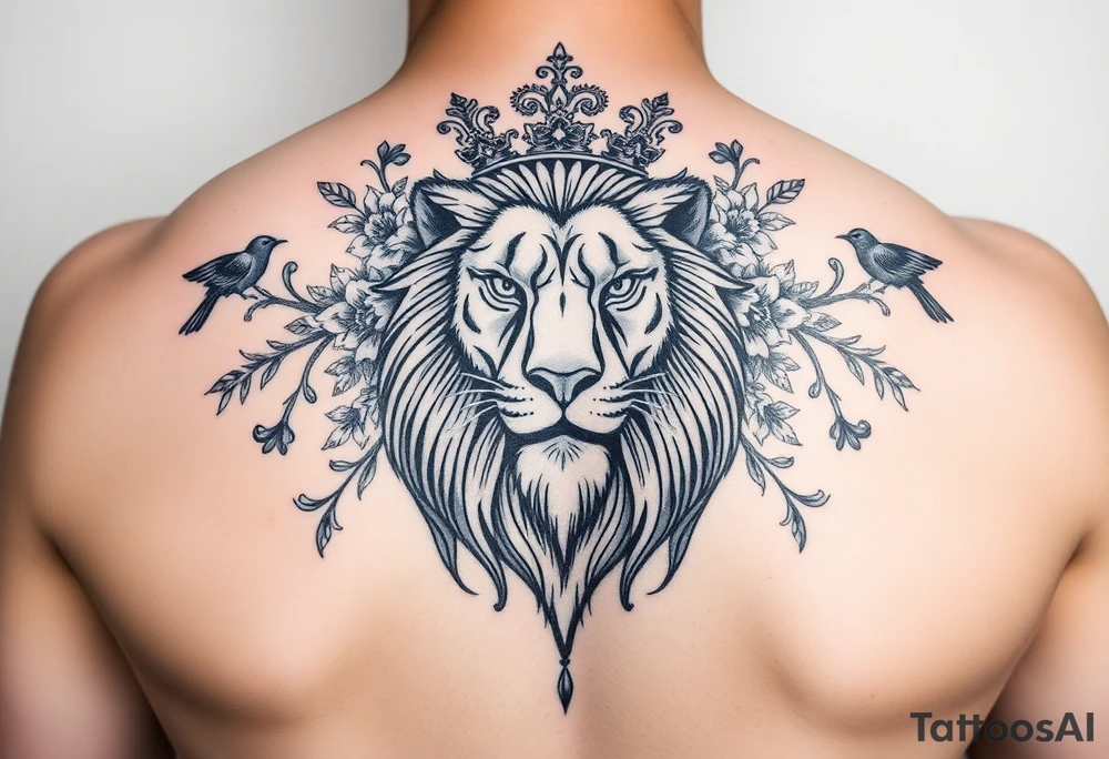 powerful majestic lion with a crown, surrounded by floral ornaments and birds tattoo idea