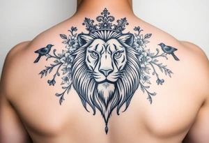 powerful majestic lion with a crown, surrounded by floral ornaments and birds tattoo idea