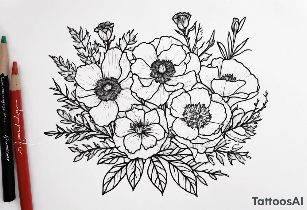 Carnations, aster, daffodil, poppy, hawthorn, larkspur tattoo idea