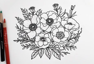 Carnations, aster, daffodil, poppy, hawthorn, larkspur tattoo idea
