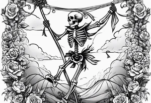 Skeleton dancing around a May pole with ribbons tattoo idea