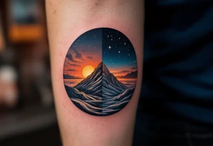 A circle divided into half night (deep navy and stars) and half day (golden sunrise hues). tattoo idea
