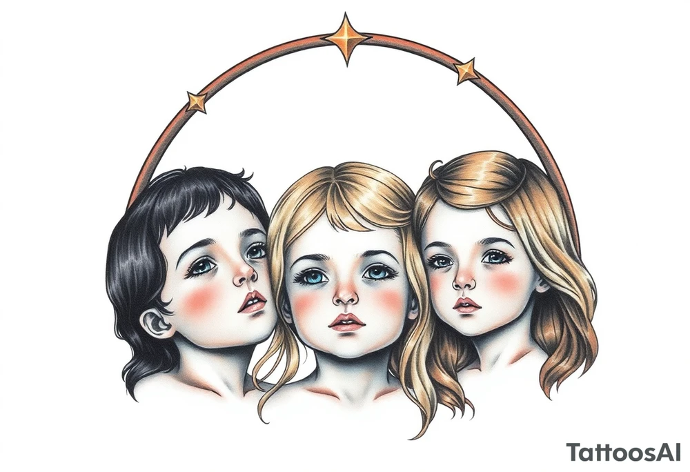 3 petites filles ( une cheveux noir et deux blondes)
sous un arc en ciel incomplet tattoo idea