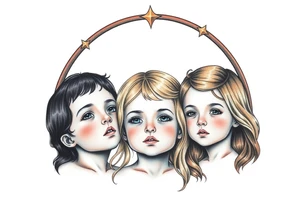 3 petites filles ( une cheveux noir et deux blondes)
sous un arc en ciel incomplet tattoo idea