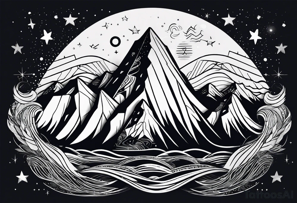 Mountain one Peak, sea waves, space with two littel Stars, geometrical Forms surrounding with dashed lines overlapping tattoo idea