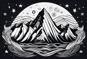 Mountain one Peak, sea waves, space with two littel Stars, geometrical Forms surrounding with dashed lines overlapping tattoo idea