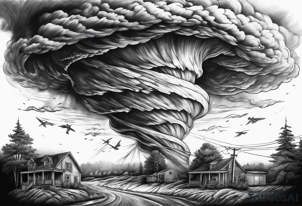 Powerful tornado destroying life trauma tattoo idea