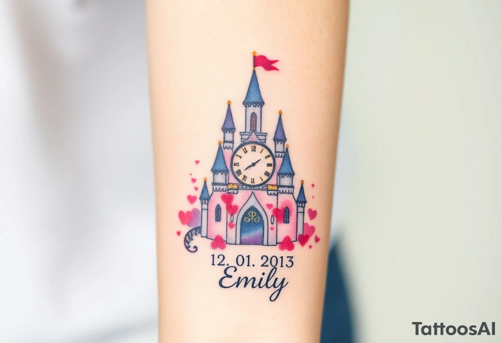 A fairytale-style castle with a glowing clock tower, marking the exact birth time "14:50" with birth date "12. 01. 2013" and name "Emily", in soft pastel pink, purple, and gold accents tattoo idea