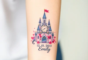 A fairytale-style castle with a glowing clock tower, marking the exact birth time "14:50" with birth date "12. 01. 2013" and name "Emily", in soft pastel pink, purple, and gold accents tattoo idea