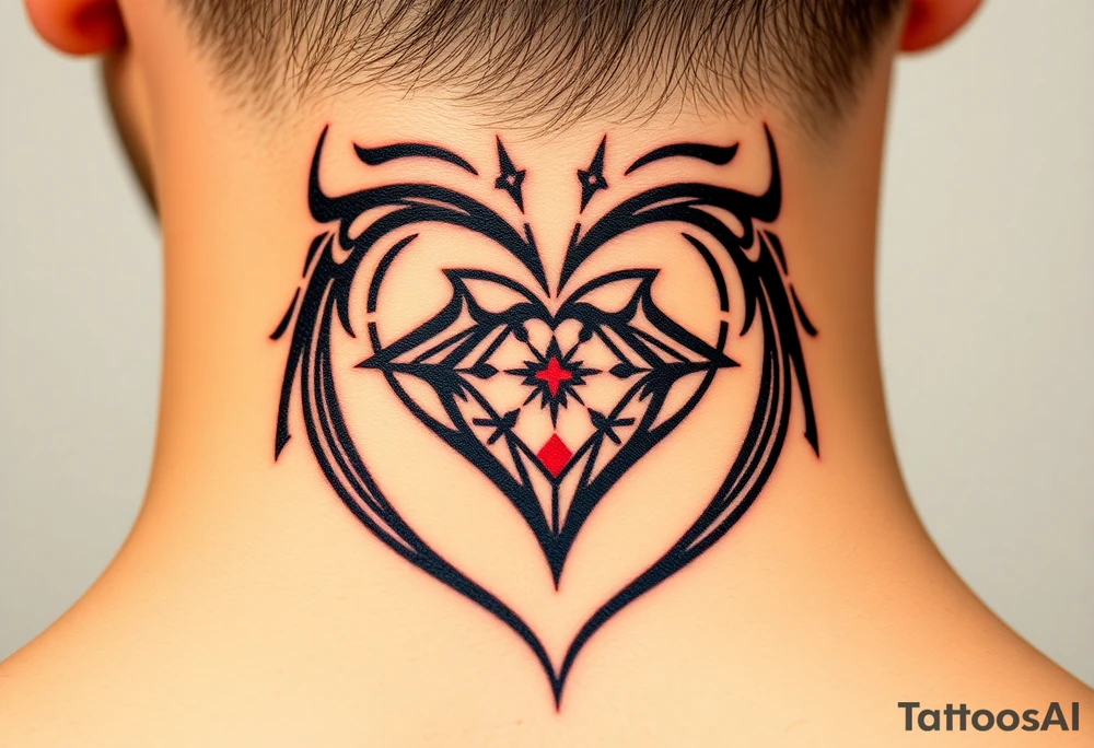 A bold tribal-style infinity-heart with sharp geometric patterns, in black ink with subtle red accents, blending strength and passion tattoo idea
