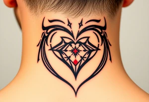A bold tribal-style infinity-heart with sharp geometric patterns, in black ink with subtle red accents, blending strength and passion tattoo idea