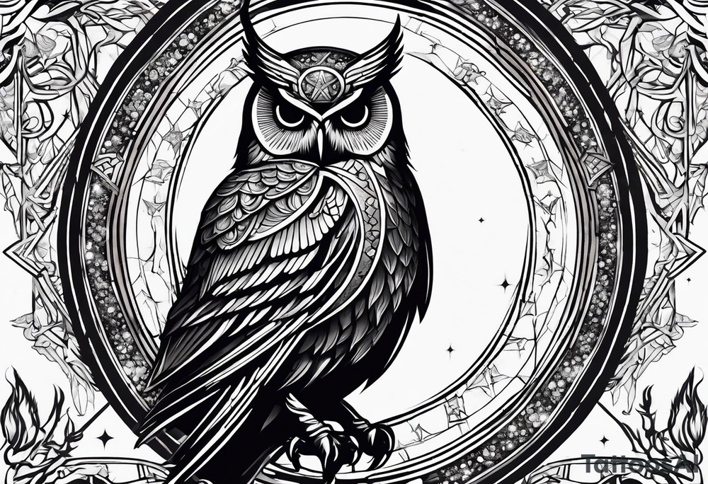 the demonic prince stolas of the ars goethia, who looks like an owl and is obssesed whit astronomy, magic, astrology and gems, with his sigil of invocation containing the word "STOLAS" on the background tattoo idea