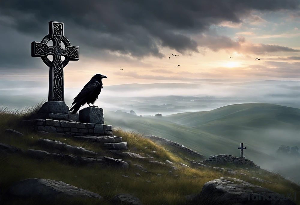 A stone Celtic cross solemnly standing atop a hill, a raven perches atop the cross staring out over the desolation. A ruined stone wall lies crumbling near the cross. Mist rolls along the hilltops adding to the melancholic nature of the scene. tattoo idea