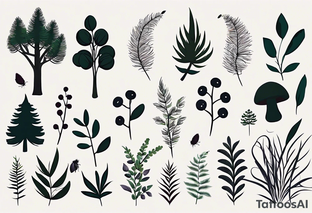 forest floor inspired minimalist tattoo, which includes grass, curly ferns, moss and dead leaves as the bulk of the tattoo. details to include: forest berries, a tiny bumblebee flying nearby, three small brown mushrooms
Generate a vertically long one tattoo idea