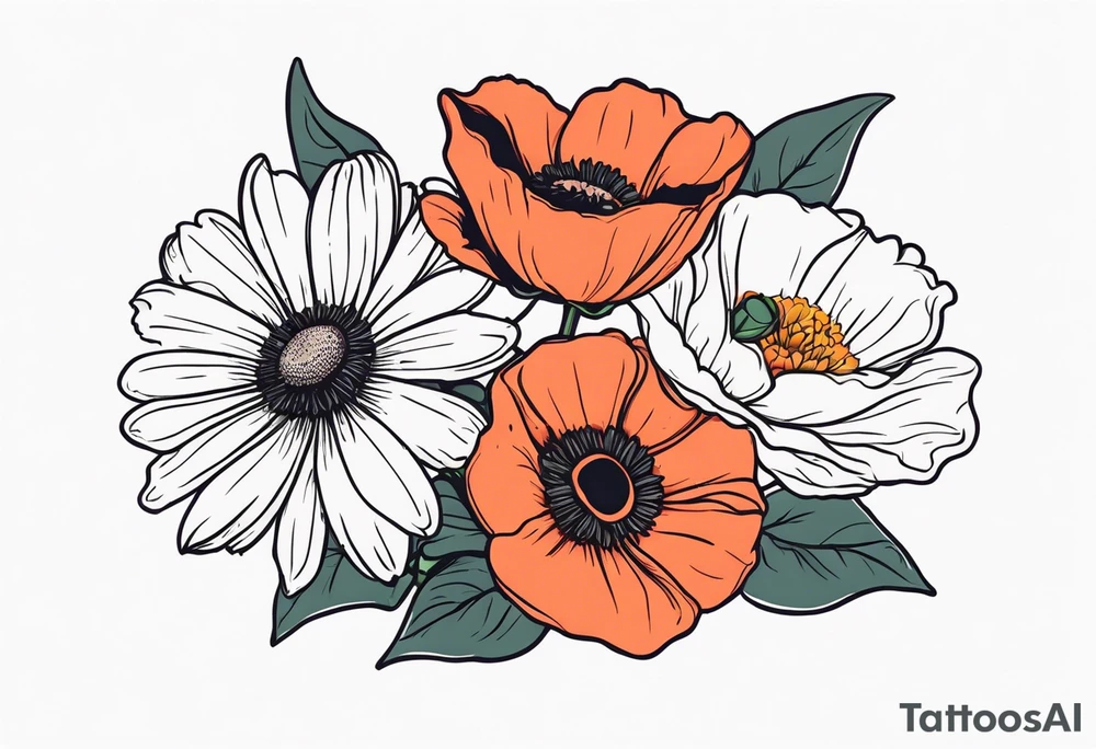 Bouquet of a Daisy, rose and poppy. Masculine. tattoo idea
