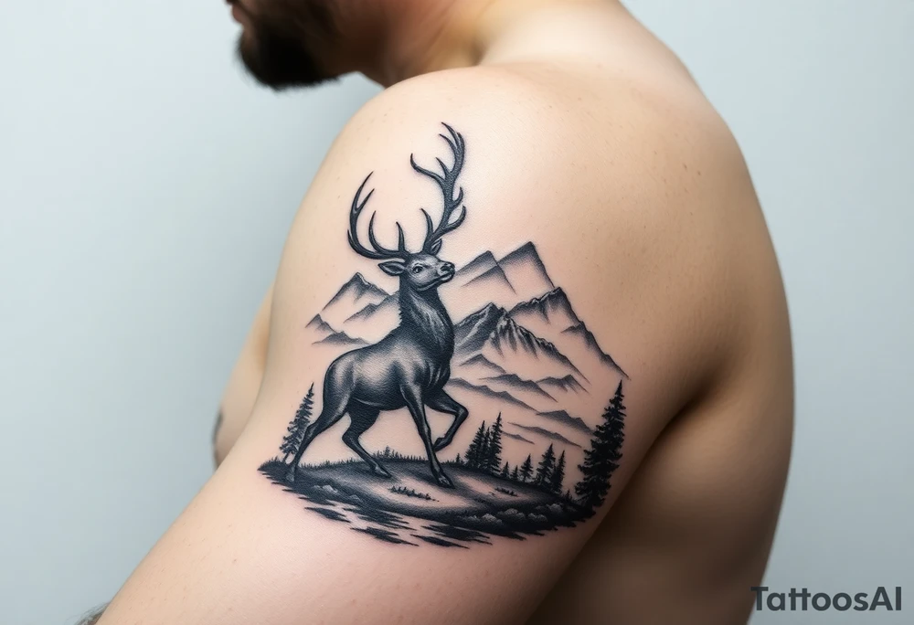 Forearm tattoo Black and grey realism Nature scene with two stags fighting in the foreground include mountains water and trees tattoo idea