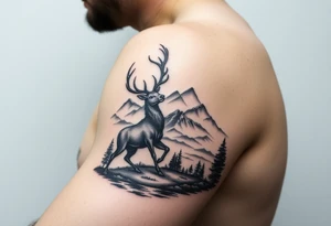 Forearm tattoo Black and grey realism Nature scene with two stags fighting in the foreground include mountains water and trees tattoo idea