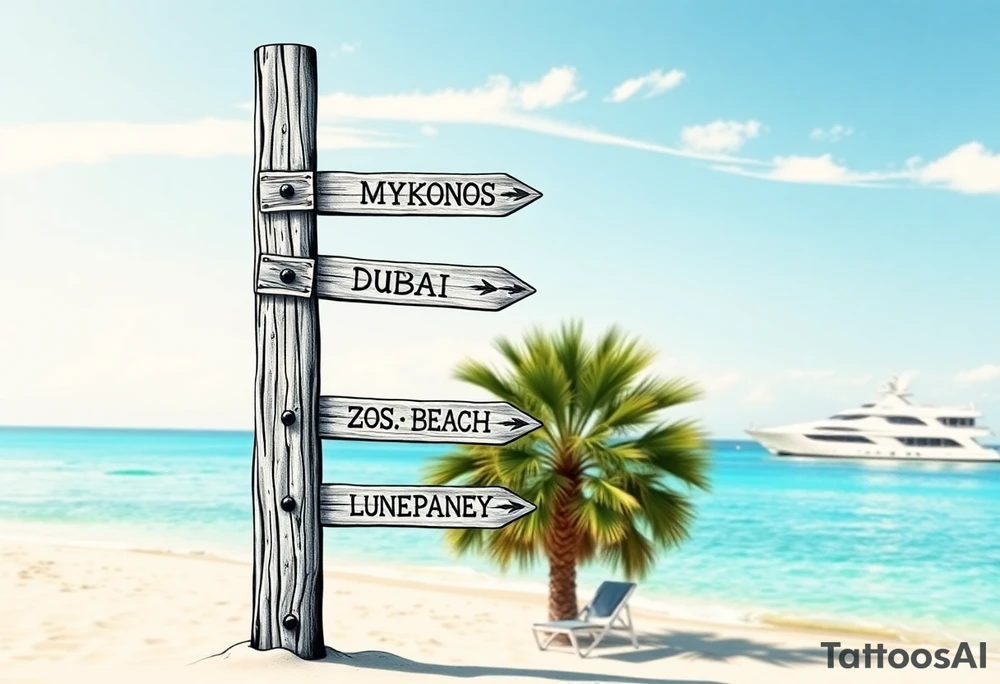 A tall wooden signpost with four directional arrows, each pointing in a different direction. The arrows are rustic and slightly weathered, with the names of popular travel destinations written on them: 'IBIZA', 'MYKONOS', 'DUBAI', 'ZRCE BEACH', 'IOS', 'PALMA', and 'TULUM'. The signpost is located on a sandy beach with a clear blue ocean in the background. A luxurious white yacht is visible on the water, slightly in the distance. A tall, green palm tree stands nearby, casting a small shadow on the sand. The scene is bathed in warm sunlight, with a few wispy clouds in the sky, creating a relaxed and tropical vacation vibe. tattoo idea