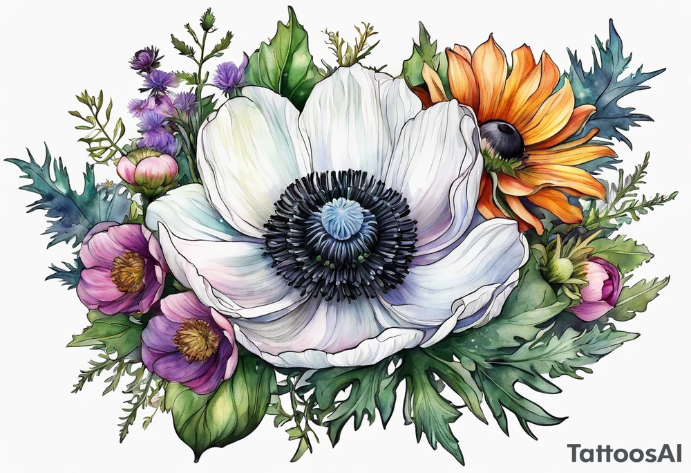 one white anemone with black center in the middle of equal sized mixed colorful wildflowers all with different shapes including thistles, ferns, ranuculus, and sun flowers all in watercolor tattoo idea