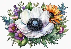 one white anemone with black center in the middle of equal sized mixed colorful wildflowers all with different shapes including thistles, ferns, ranuculus, and sun flowers all in watercolor tattoo idea
