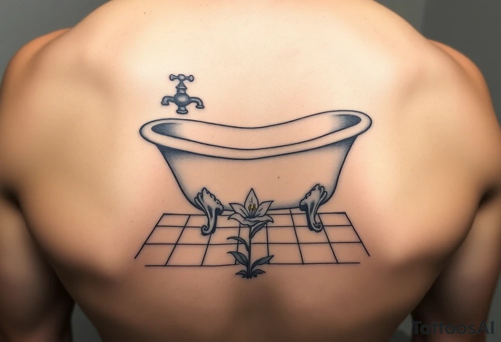 clawfoot bathtub with simple faucet and lily coming up out of the tile floor tattoo idea