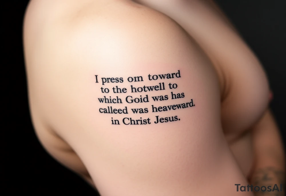 Minimalist tattoo on inner bicep. Mostly text of Philippians 3:14: I press on toward the goal to win the prize for which God has called me heavenward in Christ Jesus. Some design element tattoo idea