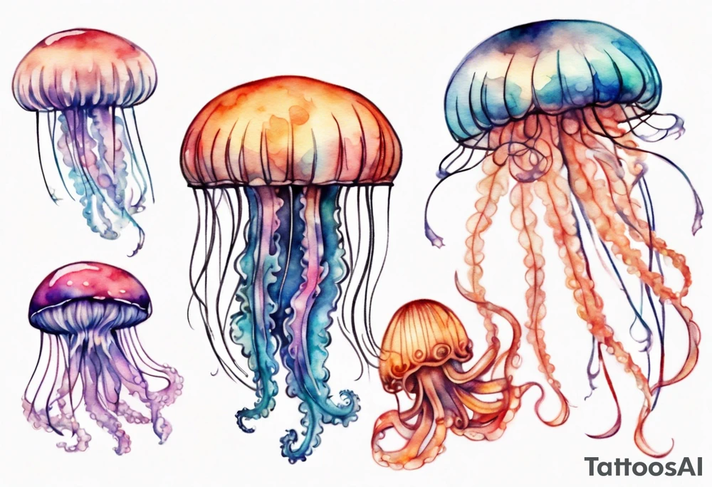 One large jellyfish with long tentacles, surrounded by two or three smaller jellyfish tattoo idea